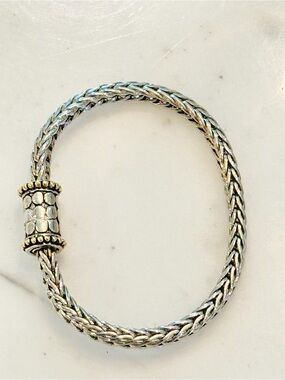 Silver Woven Bracelet with Decorative Barrel Gold Accents Magnetic Clasp